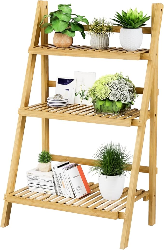 Foldable Ladder Shelf 39.4", Plant Shelf 3 Tier, Bamboo Ladder Flower Pot Display Shelf, Freestanding Ladder Bookshelf for Living Room, Balcony, Yard, Garden, 23.6"W x 15"D x 39.4"H, Natural