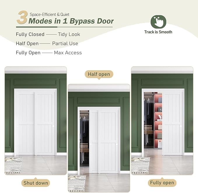 FREDBECK Sliding Closet Doors 48x80(Double 25inch),Bypass Barn Door with Hardware,for Bedroom,White,H Frame,Assemble Required