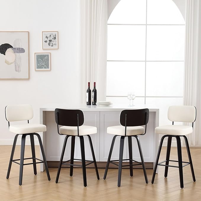 Bekrvio Swivel Bar Height Stools Set of 4, Upholstered Faux Leather Barstools with Back, 29" Seat Height Tall Bar Stools for Kitchen Counter, Black Wood Frame, Cream White