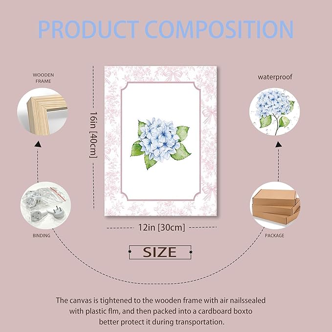 Blue Hydrangea Wall Art Set of 3, Preppy Blue Hydrangea Canvas Prints Poster Picture, Floral Aesthetic Wall Decor for Teen Girls Bedroom Dorm Apartment 16x24 Inch Framed