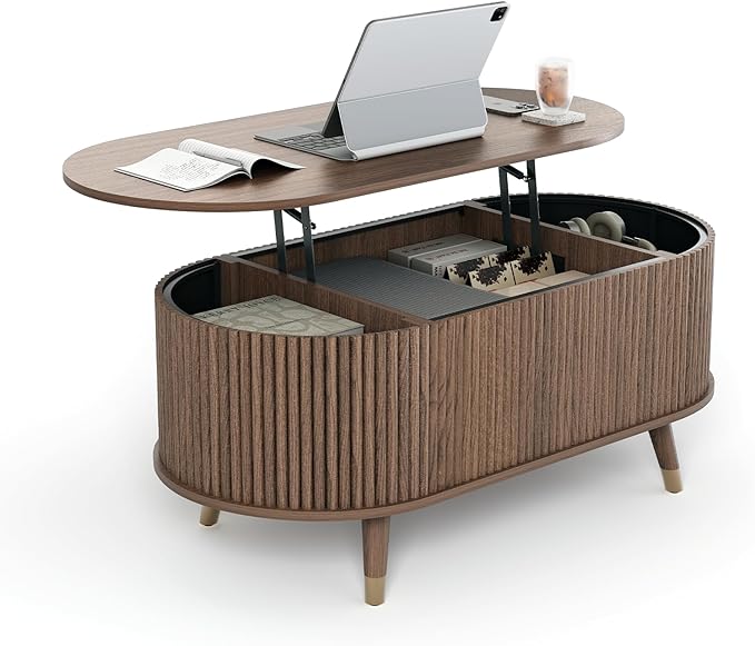 JOINICE 42.5" Oval Lift Top Coffee Table with Storage, Mid Century Modern Walnut Center Table with Fluted Design, Solid Wood Legs & Hidden Compartment, Pop Up Coffee Table for Living Room