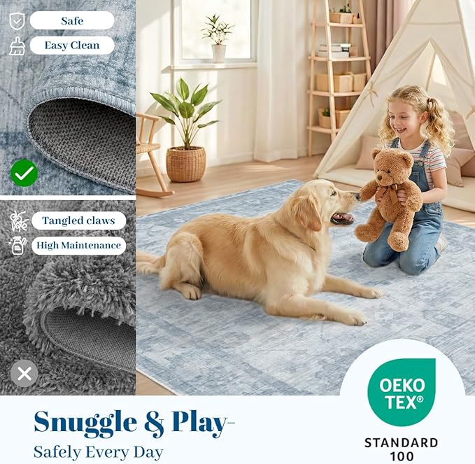 Homemate Washable Rug 3x5 Area Rugs - Vintage Faux Wool Rugs for Living Room Bedroom Dining Room - Non Slip Foldable Carpet Indoor Area Rug for Home Decor（3'x5', Blue
