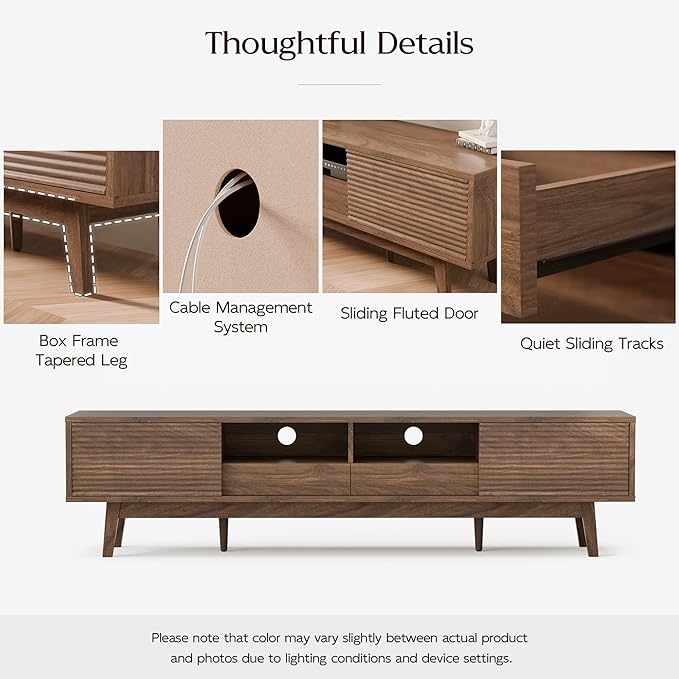 TOLEAD 70" Mid Century Modern TV Stand for TVs up to 75 Inch, Low Profile Entertainment Center with Fluted Sliding Doors & Storage Drawers, Wood TV Console Table for Living Room, Walnut