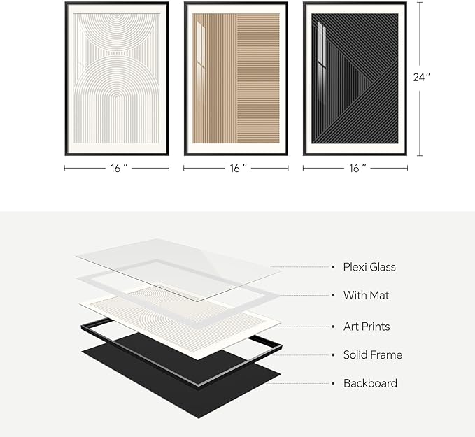 Framed Black and White Abstract Wall Art for Living Room, Modern 3 Piece Minimalist Boho Artworks, Neutral Geometric Painting Prints for Bedroom Dining Room Hallway Home Office Wall Decor, 16x24 In