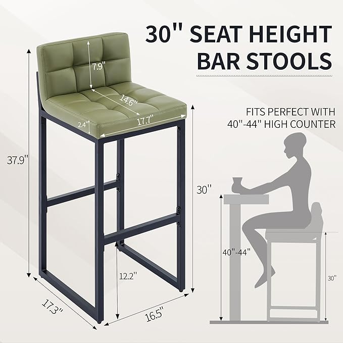 FIRAVOE Bar Stools Set of 3, Modern Tall Counter Height Barstools with Back and Thickened Metal Legs, 30" Faux Leather Bar Chairs for Kitchen Island, Bar, Counter (Avocado Green, 3Pcs 30" Bar Stools)