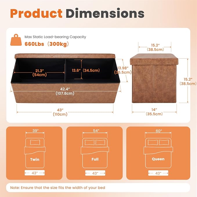 Sweetcrispy 43 Inches Folding Ottoman with Storage Bench, Foot Rest Stool, End of Bed Storage Bench Upholstered, Load 660 lbs, for Living Room, Synthetic Leather, Brown