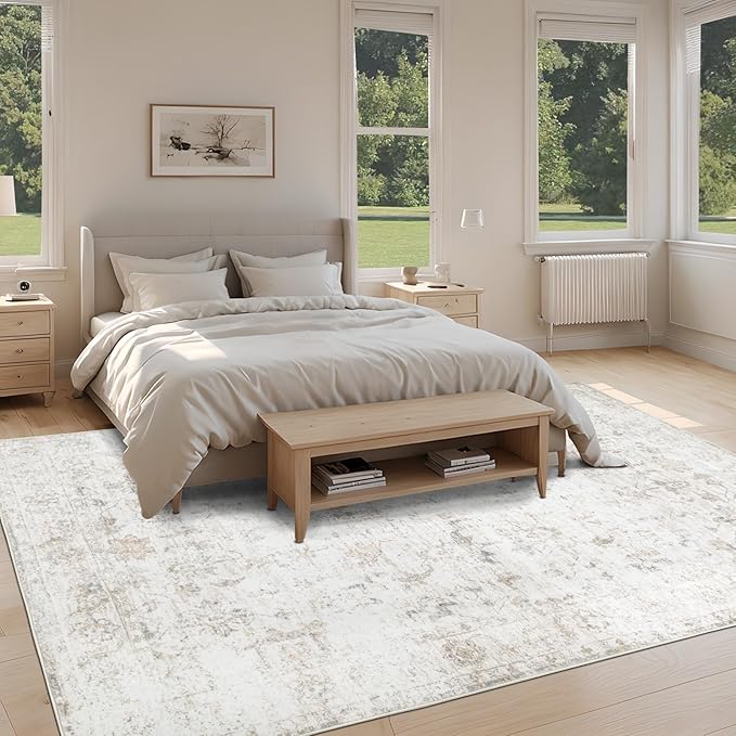 Washable 8×10 Area Rug for Living Room, Vintage Floral Rug Soft Non Slip Stain Resistant Boho Carpet for Bedroom Dinning Room Home Office Beige New