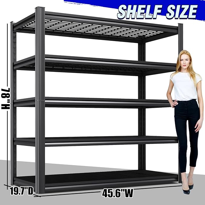 3Pack 5 Tier Heavy Duty Garage Shelving,2500LBS Adjustable Metal Storage Shelves, Boltless Industrial Shelving Unit for Garage, Basement, Warehouse, Pantry, Closet, Kitchen, 78"x 46"x 20" Black