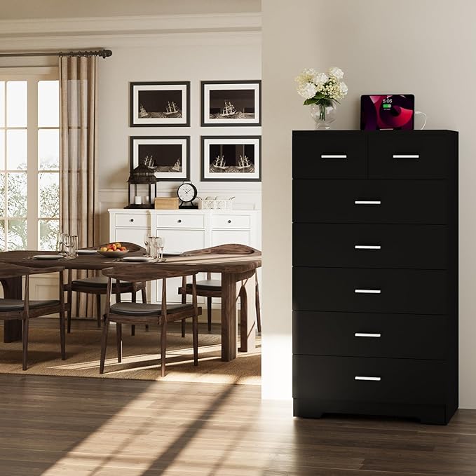FJTJBSI 47.3" Tall Dresser for Bedroom Chests of Drawers with Charging Station 7 Drawer Dressers with Metal Slide Rail Modern Wood Closet Organizer with Large Storage for Home Office Entryway