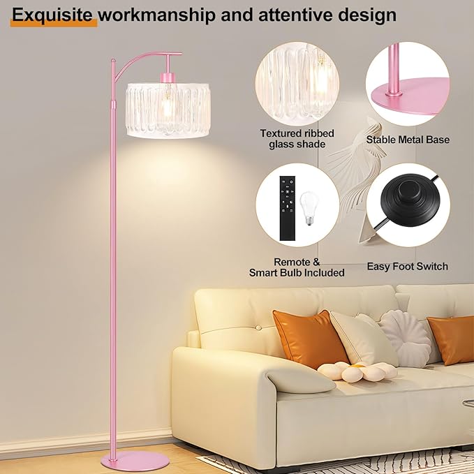 QIYIZM Pink Floor Lamp for Living Room,Bedroom,Gold Dimmable Standing Lamp with Remote,Mid Century Modern Brass Tall Lamp Boho Floor Lamps Arc Stained Glass Flower Floor Light Lamp Girls kids Bohemian