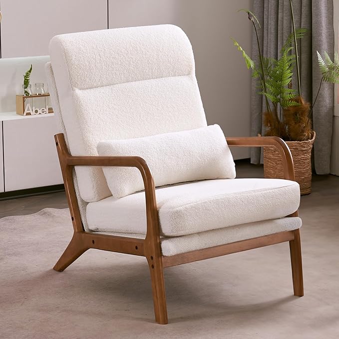 Karl home Accent Chair Mid-Century Modern Chair with Pillow High Back Teddy Fleece Upholstered Lounge Arm Chair with Solid Wood Frame & Soft Cushion for Living Room, Bedroom, Balcony, White