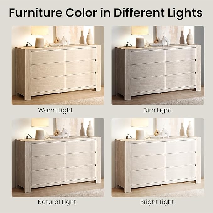 ModernMate 6 Drawer Dresser for Bedroom, 55'' Modern White Oak Chest of Drawers with Charging Station, Wood Bedroom Dresser with Large Storage for Living Room, Entryway, Nursery, Anti-Tipping, Natural