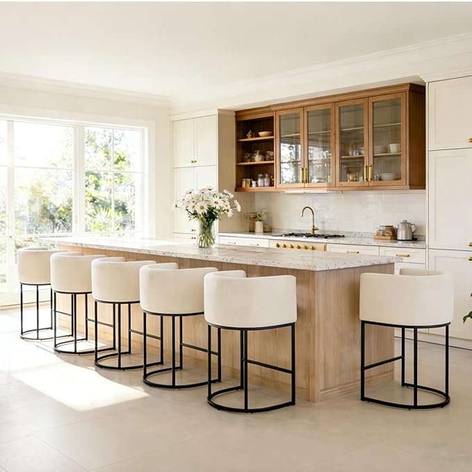 ClinQ 26" H Counter Height Bar Stools Set of 4, Modern Barrel Counter Stools with Backrest and Arms, Black Metal Frames, Linen Fabric Upholstered Accent Barstools for Kitchen Island,Linen Color