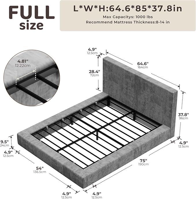 RECCI AirFrame Full Size Bed Frame with Headboard, Cloud Upholstered Platform Bed Frame, 5 Inch Foam Cushioned, No Box Spring, Easy Assembly (Moon Grey)