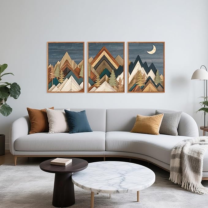 HPINUB Mountain Woodcut Style Framed Canvas Wall Art, (Set of 3,12X16 Inch) Vintage Pine Tree Wall Decor, Nature Country Wilderness Forest Artwork,Modern Navy blue Art Prints for Living Room,Bedroom