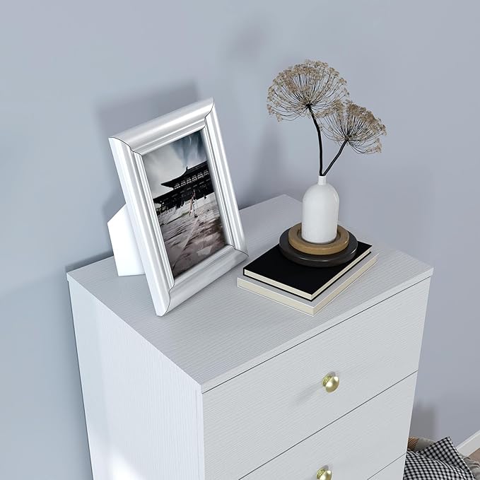 Panana Modern 6 Drawer Vertical Dresser, Wood Tall Chest of Drawers N Arrow Storage Organizer with Wide Drawers & Metal Gold Handles for Bedroom, Living Room, Office, Hallway, Entryway (White)