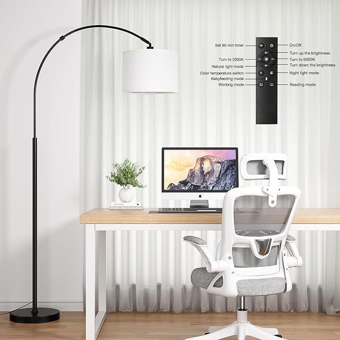 Ambimall Dimmable Arc Floor Lamp with Remote, Color Temperatures and Brightness Adjustable, Arched Floor Lamp with Rotating Head, Over Couch Arched Reading Light for Living Room (White and Black)