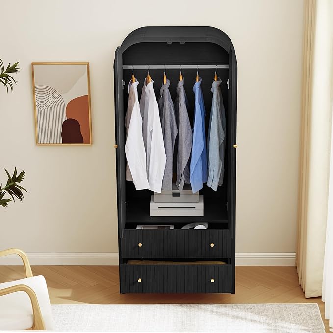 LEVNARY Arched Armoire Wardrobe Closet, Mid-Century Modern 2-Door Freestanding Wardrobe with Hanging Rod and 2 Drawers, Fluted Carved Clothing Storage Cabinet for Bedroom (Black)