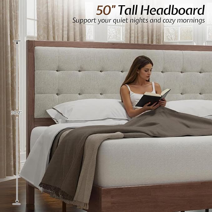 Jocisland Solid Wood King Size Bed Frame 50.2" Tall Upholstered Headboard, Mid-Century Style, Stable Platform Support, No Box Spring Needed, Walnut