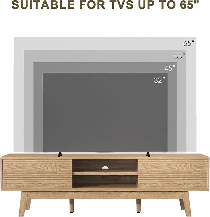MU 59 Inch TV Stand for TVs up to 65 Inch, Mid Century Modern TV Console with Fluted Sliding Doors & Shelves, Low Profile Entertainment Center for Bedroom, Living Room (Oak, 59")