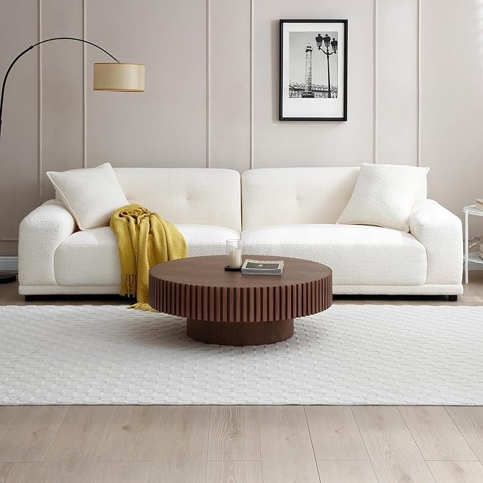 ø39.37'' Walnut Round Coffee Table Contemporary Wood Circle Coffee Table with Fluted Pedestal Centry Table for Living Room, Easy Assembly