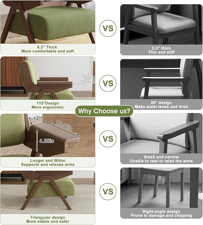 Accent Chair Mid Century Modern Chair, Velvet Upholstered Lounge Arm Chair with Solid Wood, Cozy Reading Chair for Living Room, Bedroom, Balcony (Green, Single Chair)