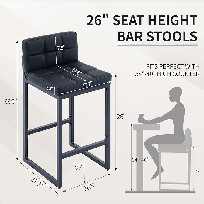 FIRAVOE Bar Stools Set of 4, PU Leather Counter Height Barstools with Low Back and Thickened Metal Legs, 26 Inch Modern Island Chairs for Kitchen Island, Bar, Counter (Black, 4Pcs 26" Counter Stools)
