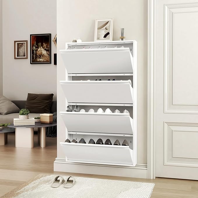 LUCYPAL Shoe Cabinet for Entryway,White Narrow Shoe Storage Cabinet with 4 Flip Drawers,Metal Slim Wall Mounted Shoe Cabinet for Entryway,Hallway,Living Room,White