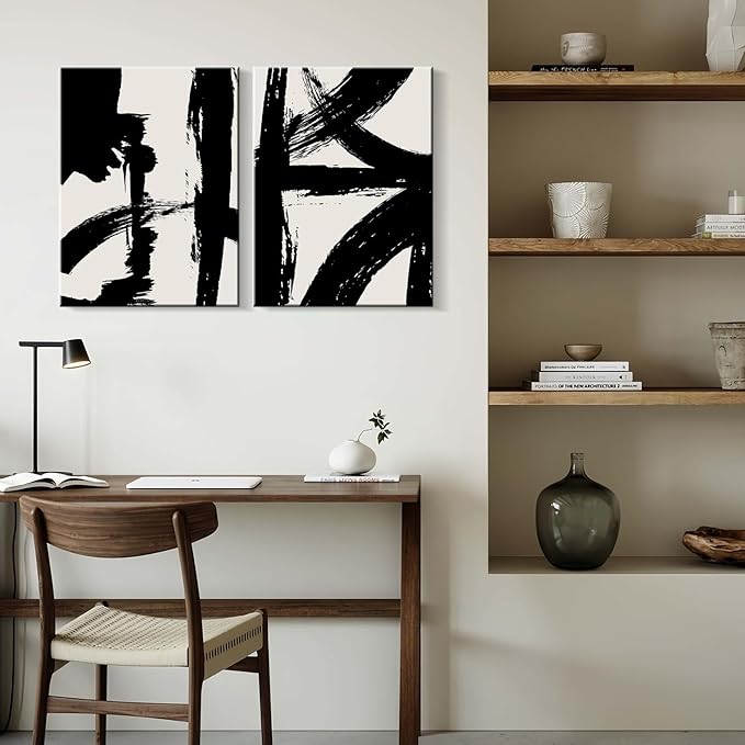 2Pcs Framed Abstract Black and White Canvas Wall Art Minimalist Brushstroke Line Prints Modern Home Gallery Style Painting Posters Picture Bedroom Living Room Office 12x16 Inch Ready to Hang