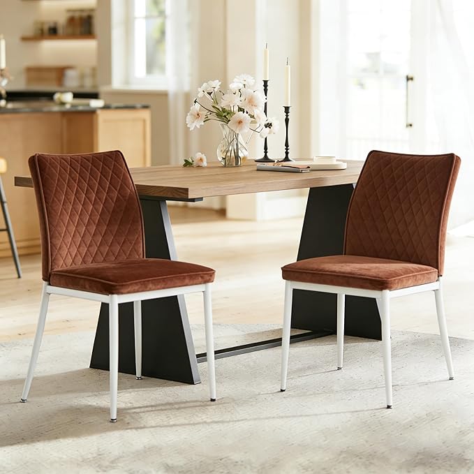 Dining Chairs Set of 2, Velvet Comfortable Seats, Mid-Century Modern Living Room Chairs, Upholstered Kitchen Chairs with Mental Legs and Padded Seat, Easy Assembly, Brown