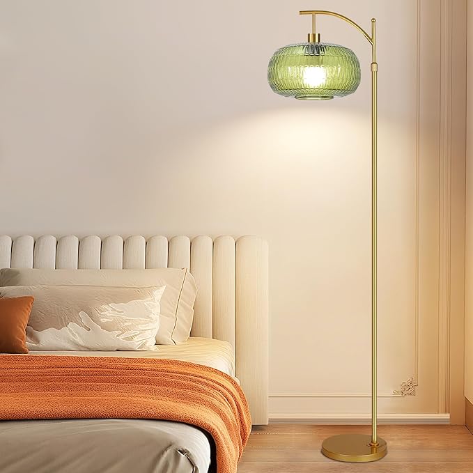 QIYIZM Glass Floor Lamp for Living Room,Bedroom,Gold Dimmable Standing Lamp with Remote,Green Mid Century Modern Brass Vintage Tall Lamp Floor Lamps Arc Boho Floor Light Lamp Bohemian