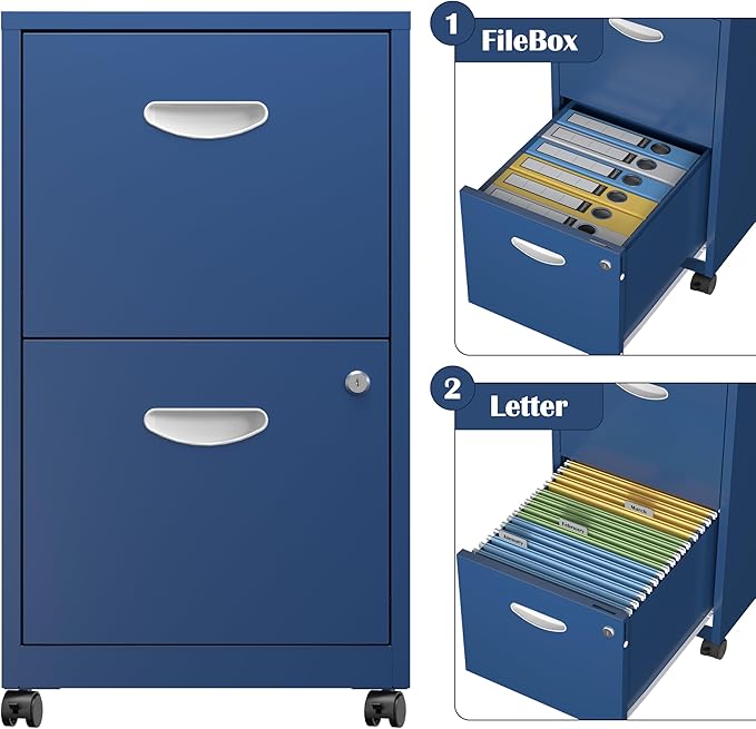 SteeLoong 2 Drawer File Cabinet with Lock,Blue Rolling File Cabinet for Home Office,Printer Stand, Metal Small Mobile Filing Cabinets on Wheels for Hanging Letter