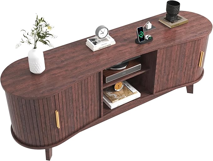 Mid Century Modern TV Stand for 65 Inch TVs, Fluted TV Stands with Open Shelves and Sliding Door, Media Cabinet with Power Outlet, Entertainment Center with Storage for Living Room, Red Brown