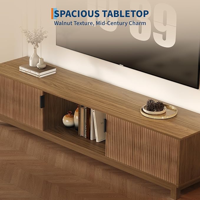 GAOMON 70in Fluted TV Stand, Long Wooden TV Console Mid Century Modern Entertainment Center with Storage Cabinet for TVs Up to 80 Inches Living Room, Walnut
