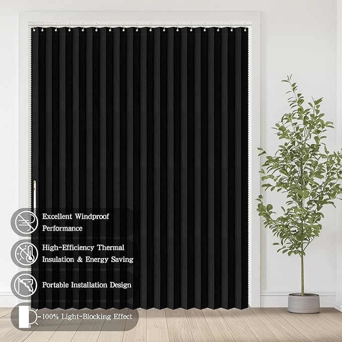 Jilron Accordian Door Curtain, 100% Blackout Folding Magnetic Doorway Curtains,Linen Style Closet Doors,for Room Divider,Privacy Protection（W72 x L78,Black,1 Panel）