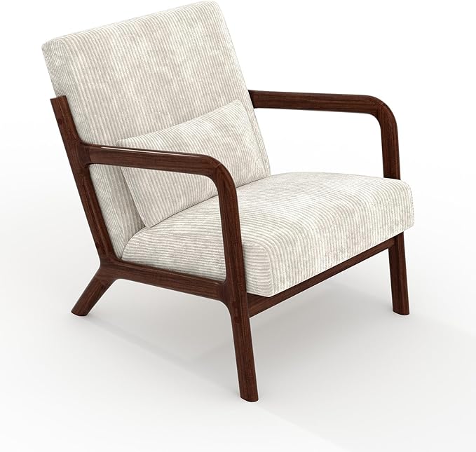Garvee Mid-Century Modern Accent Chair, Wide-Wale Corduroy Upholstery, Solid Wood Armchair with Removable Lumbar Pillow, Sturdy Reading Chair for Living Room, Bedroom, Guest Room, Easy Assembly, Beige