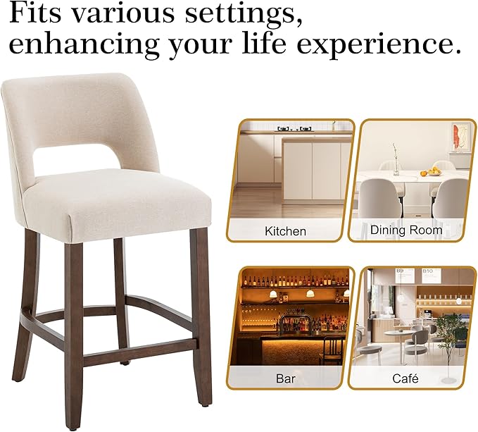 VKNOW Bar Stools Set of 6,Upholstered Counter Height Bar Stools,Modern Counter Stools with Wood Legs for Kitchen Island Dining Room Bar,White