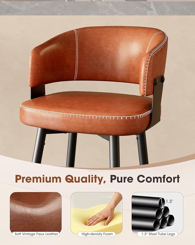 Bar Stools Set of 6, 30" Swivel Bar Height Bar Stools with Curved Back, Mid-Century Modern Faux Leather Bar Chairs with Stitching for Kitchen Island, Dining, Living Room, Vintage Brown