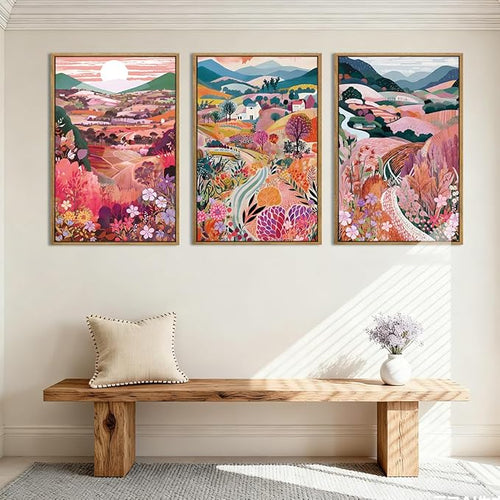 Anyzal Large Colorful Mountain Floral Wall Art Framed Pink Nature Landscape Painting Sunset Scenery Wall Decor for Living Room Bedroom Office 16x24 Inch Set of 3