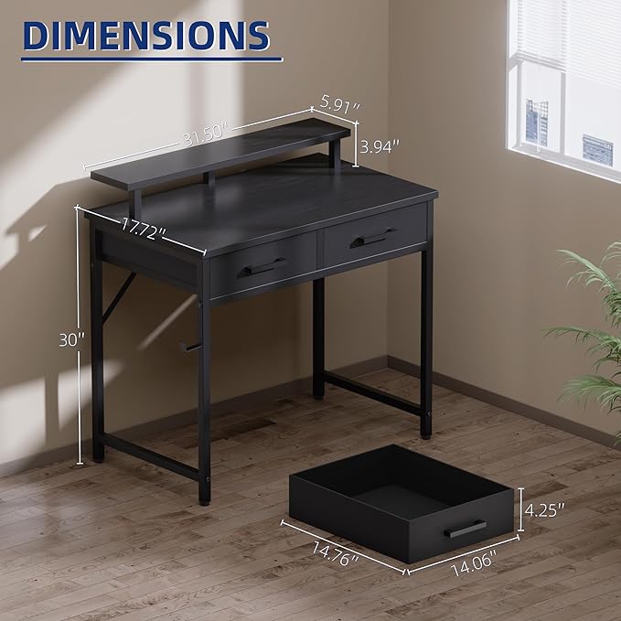 Pamray 32 Inch Small Computer Desk with Monitor Stand Home Office Desks with 2 Drawers for Bedroom Study Writing and Work Table for Small Spaces Brown