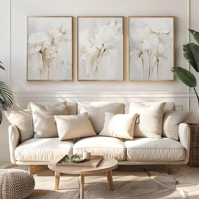 Neutral Wall Art Abstract Floral Canvas Pictures Beige Flower Wall Decor Modern Painting Minimalist Poster Abstract Botanical Prints White Artwork for Bedroom Living Room 16x24 Inch Unframed Set of 3