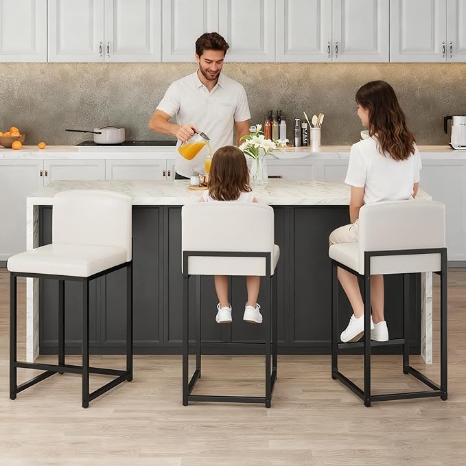 GarveeHome Bar Stools Set of 6, Modern Counter Height Bar Stools with Back and Footrest, Faux Leather Upholstered Barstools Chairs for Kitchen Island Dining Room Bar, White