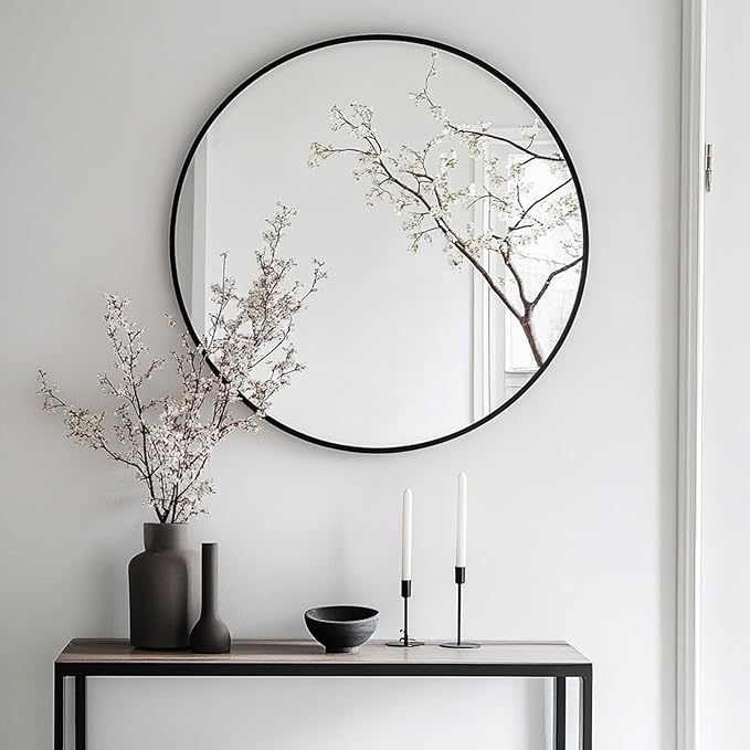 Oruii Black Circle Mirror, 20 inch Round Mirror, Black Bathroom Mirror Circular, Round Wall Mirrors for Living Room, Bedroom, Bathroom, Washroom, Rustic, Vanity