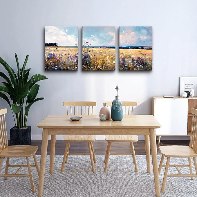 TTHYUEWS Large Wall Art for Living Room Canvas Decor for Bedroom Office - Modern Home Field Scenery Paintings Abstract Pictures Framed Prints Posters Artworks 3 Piece