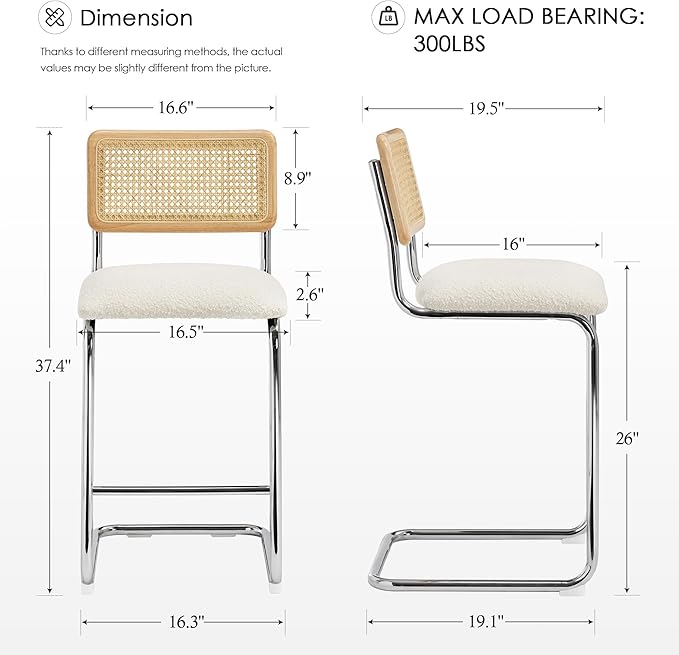 Zesthouse Natural Rattan Counter Stools Set of 4, 26'' Mid Century Modern Counter Height Barstools with Solid Wood Back & Cane Mesh, Upholstered White Boucle Bar Stools for Kitchen Island, Chrome Base