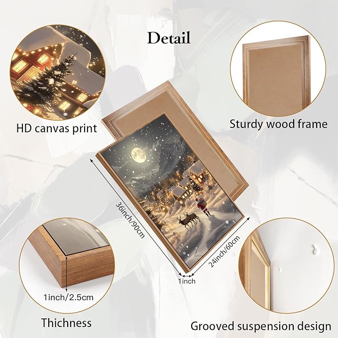 CHDITB Christmas Framed Canvas Wall Art Set, Happy Xmas Snowy Landscape Wall Decor, Holiday Winter Artwork, Santa Claus and Reindeer Painting, Vintage Xmas Art Prints for Living Room Bedroom 24"x36"x3