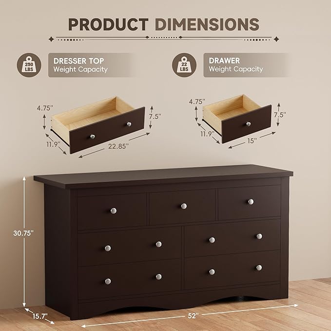 Furmax Dresser for Bedroom, 7 Wood Dresser, Chest of Drawers, for TV up to 65 inch, TV Stand Storage Chest of Drawers for Hallway Entryway (Brown)