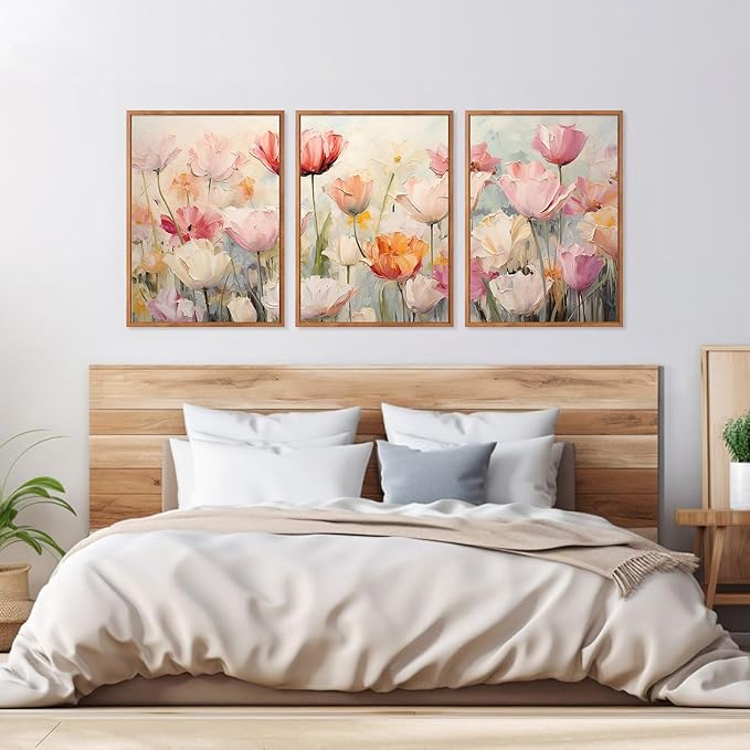 HPNIUB Large Nature Wildflowers Framed Wall Art Pink Floral Canvas Oil Painting Modern Aesthetic Wall Decor Abstract Flower Artwork for Living Room Bedroom Decor(Set of 3,12X16 Inch)