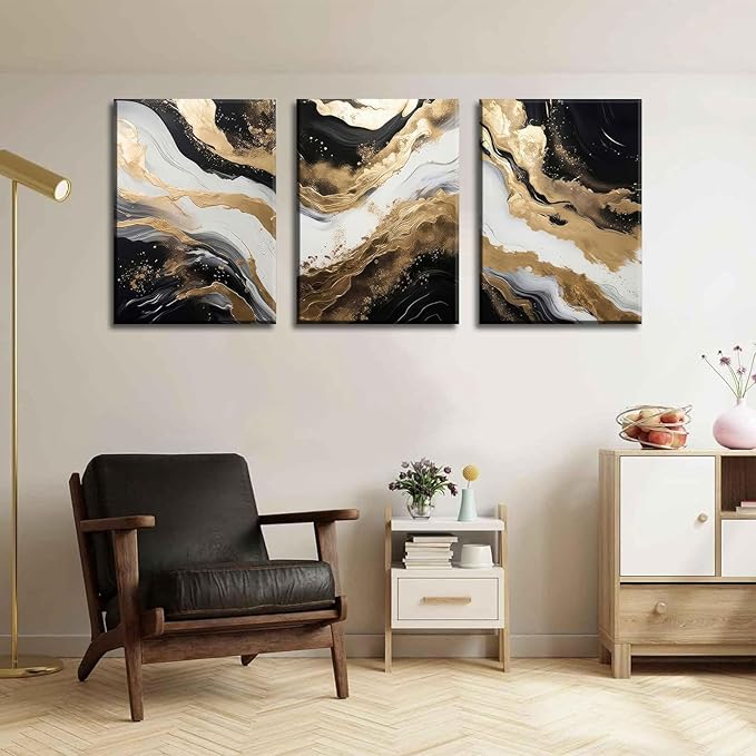 Black and Gold Abstract Canvas Wall Art Set of 3 Abstract Black Gold Marble Wall Decor Pictures Neutral Modern Minimalist Posters Prints for Living Room Bedroom Home Decoration 12x16in
