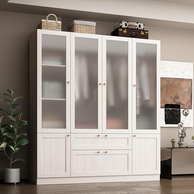 MOUMON 70.9" 4-Door Wardrobe Closet with Frosted Glass Doors & 2 Drawers, Double Hanging Rods & Shelves, Wide Armoire Closet Light Oak 63”W x 19.7”D x 70.9”H